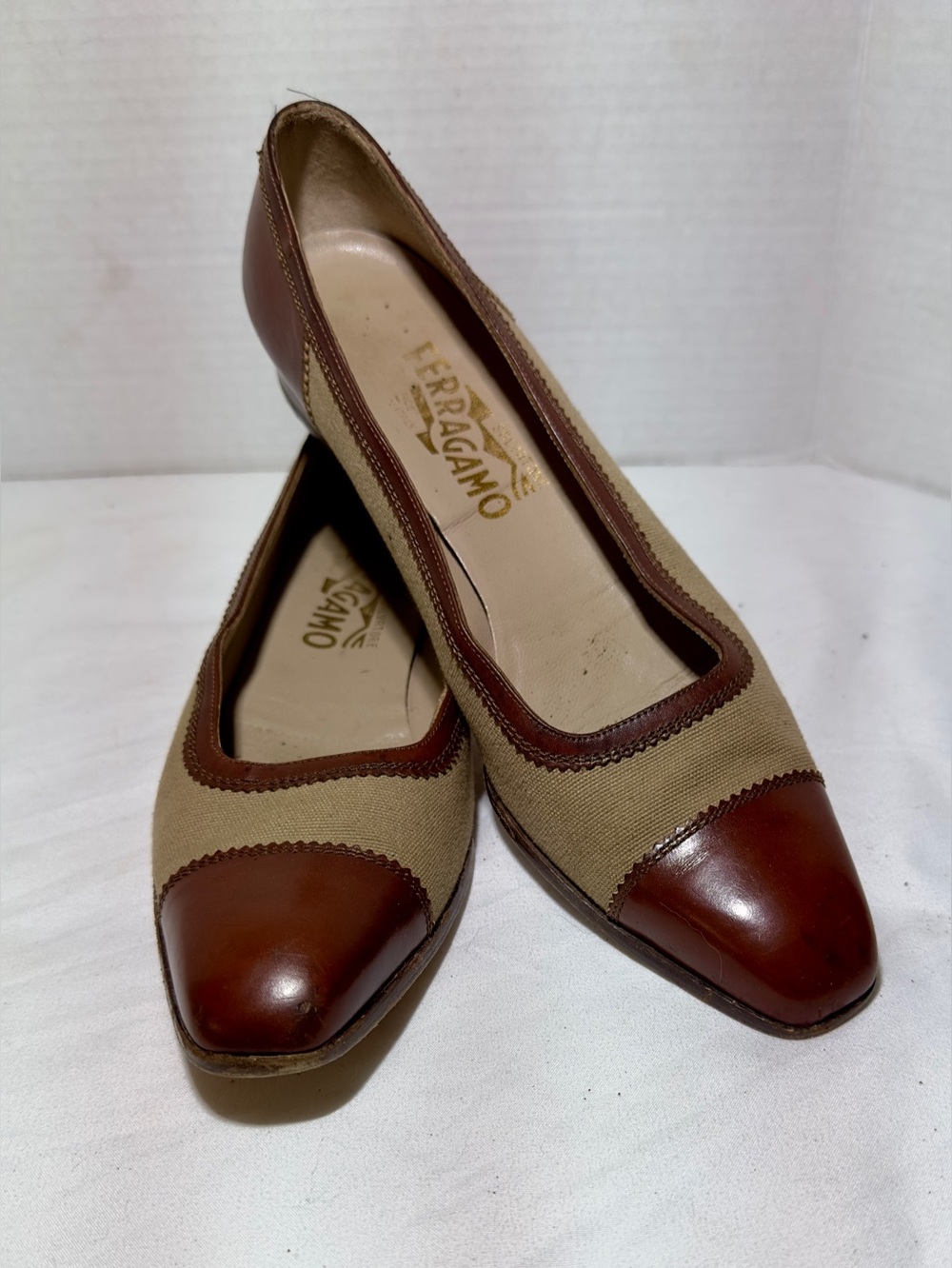 Salvatore Ferragamo Two Tone Ballet Flats Brown Italian Leather/Canvas 8.5 AAAA
